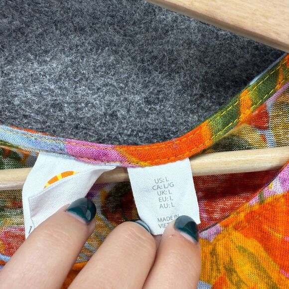 C&C California Blouse Women L Large Orange Floral Short Sleeve Linen Casual - Picture 4 of 9